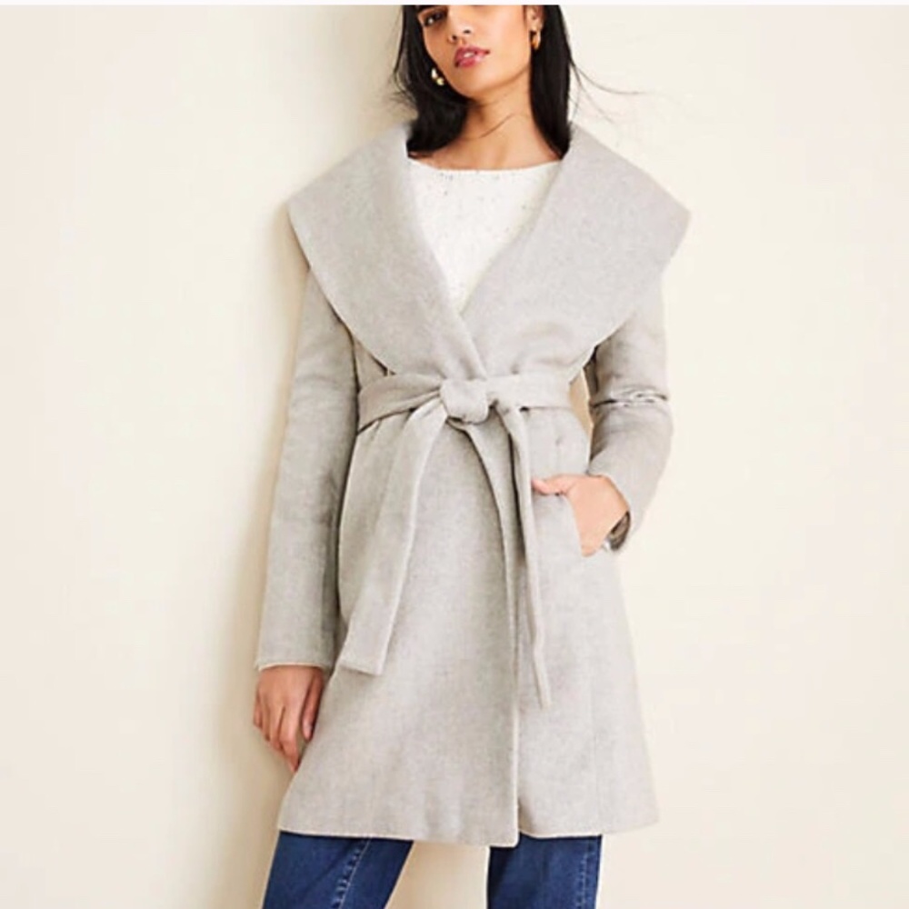 NWOT ANN TAYLOR HERRINGBONE SHAWL COLLAR TIE WAIST WRAP COAT S - Picture 7 of 16